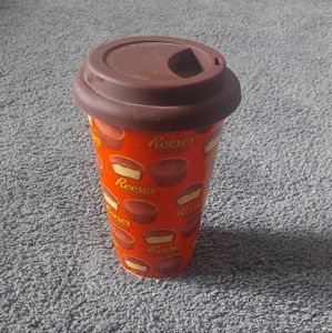 Ceramic Reeses Peanut Butter Cup Travel Coffee Mug w/ Silicone Lid